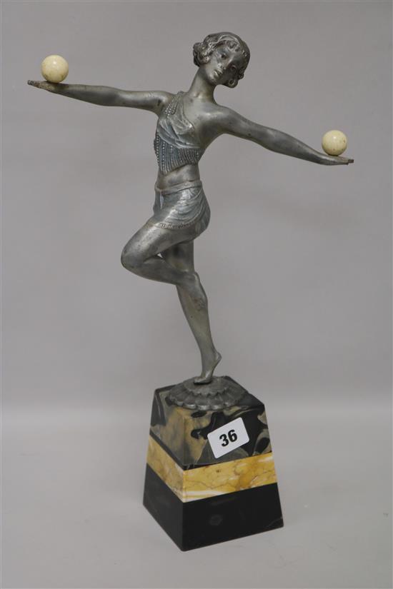 A 1930s spelter dancing girl with ball height 40cm width 25cm